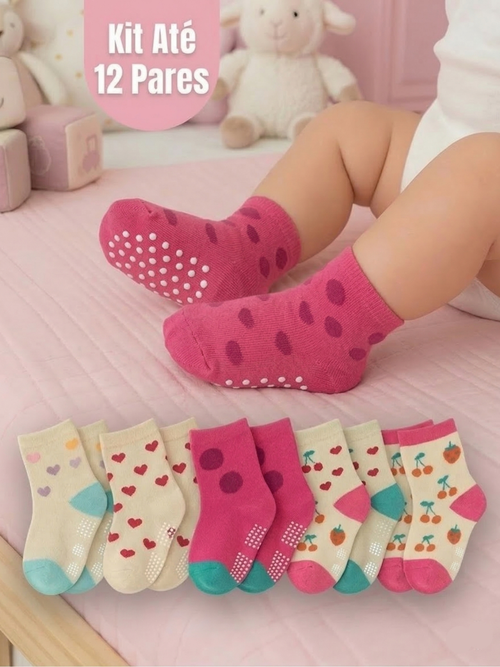 Kit 12 Pares de Meias Bebê Menina Antiderrapantes Algodão Confortáveis 0–24 Meses Infantil
