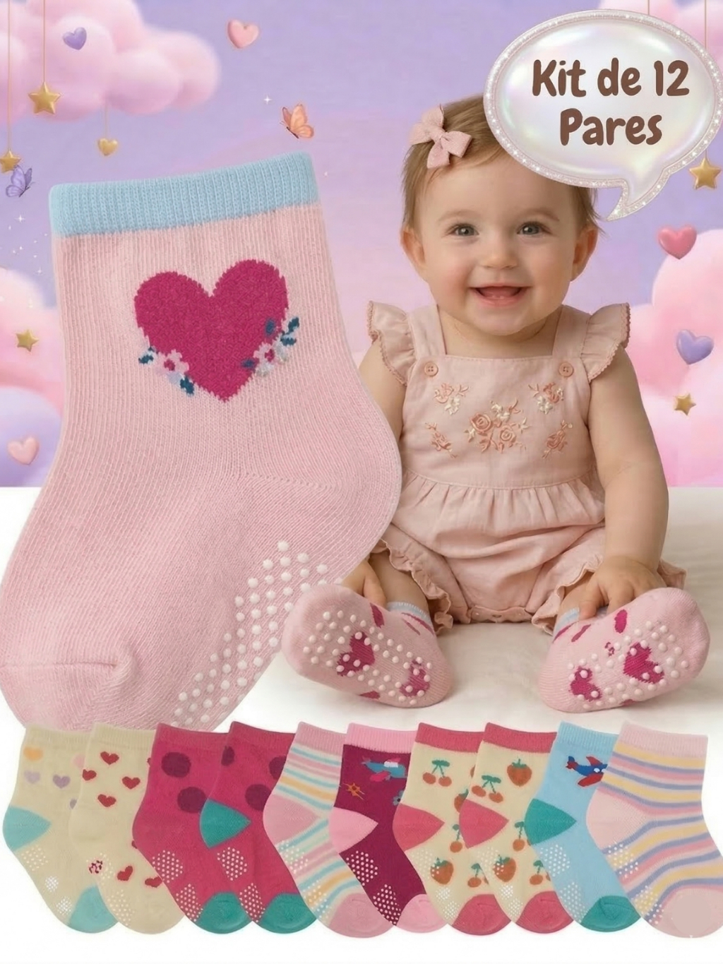 12 Pares Meia Bebê Menina Antiderrapante Kit 12 Pares Algodão Rn 0 a 24 Meses