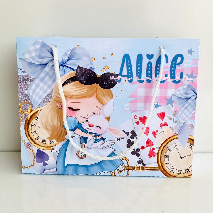 Kit Sacolinha Personalizada Alice No País Das Maravilhas Lembrancinha Surpresa Festa Infantil Aniversário 20x15x6cm