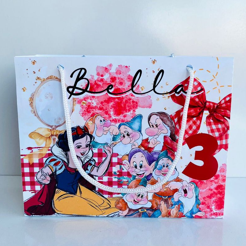 Kit Sacolinha Personalizada PRINCESA BRANCA DE NEVE Papelaria Personalizada Festa Infantil (20x15x6cm) PEGUE E MONTE