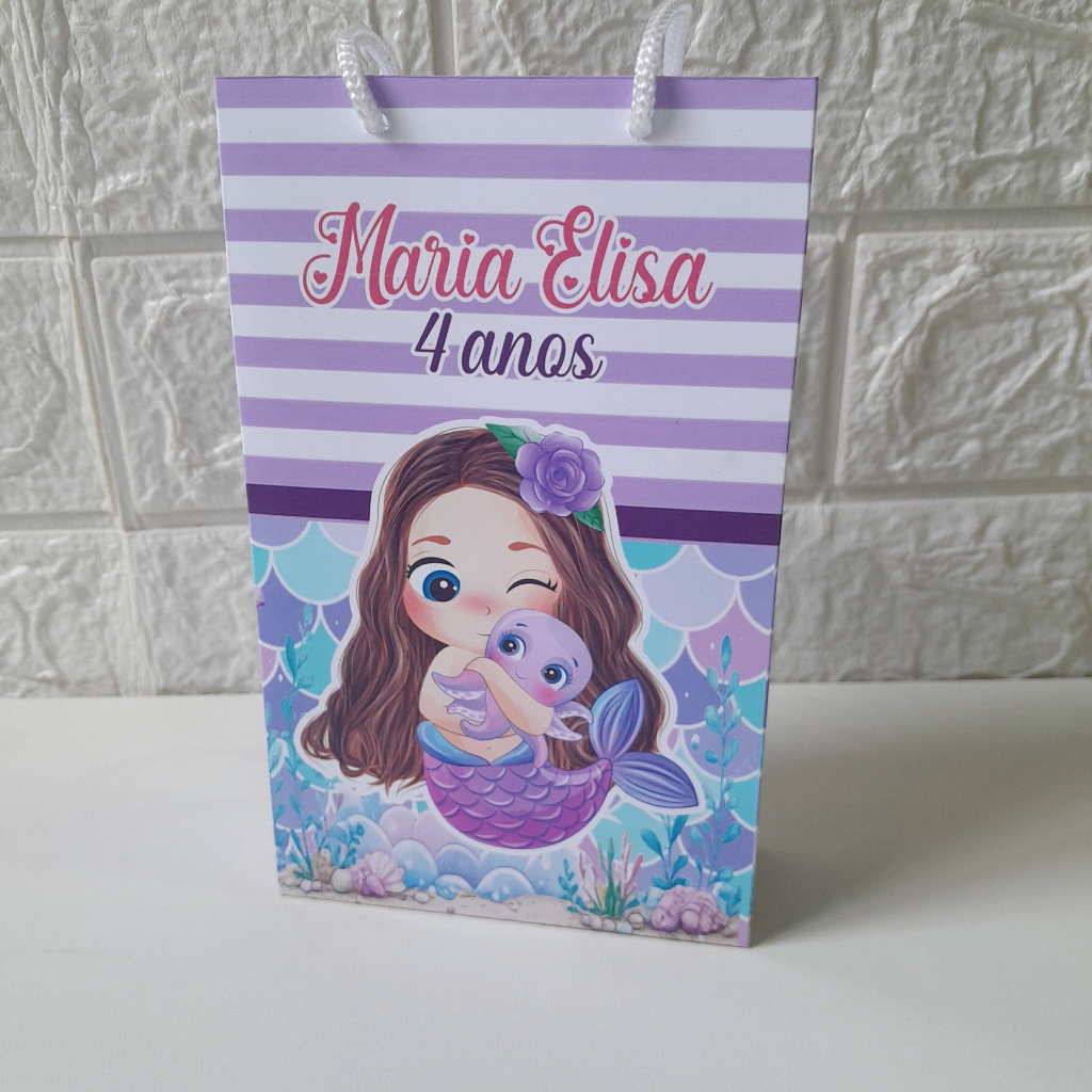 Sacolinha Personalizada  Pegue e Monte Sereia Cute Aquarela Sacola Surpresa Lembrancinha Festa Infantil