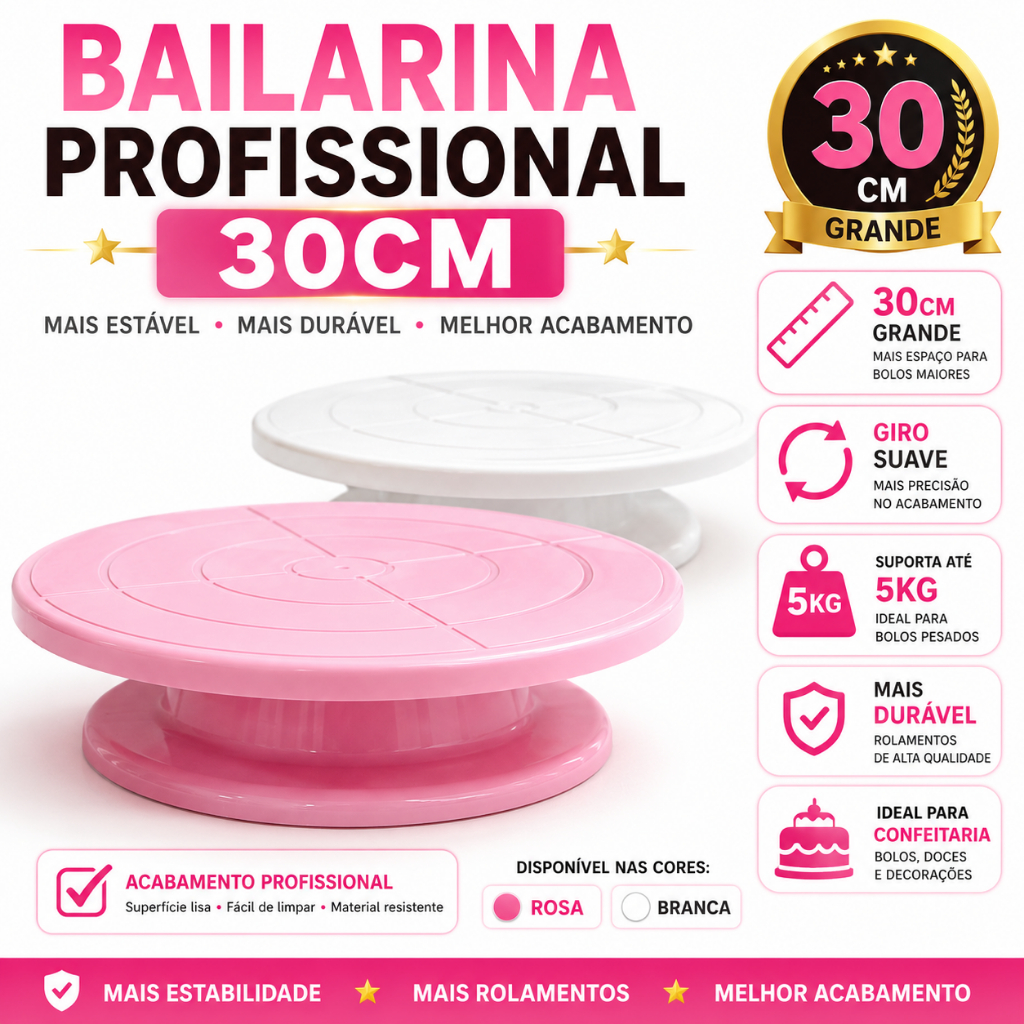 Bailarina Giratória 30cm Rosa Para Bolo Confeitaria Prato Giratório Boleira Profissional Suporta 5kg