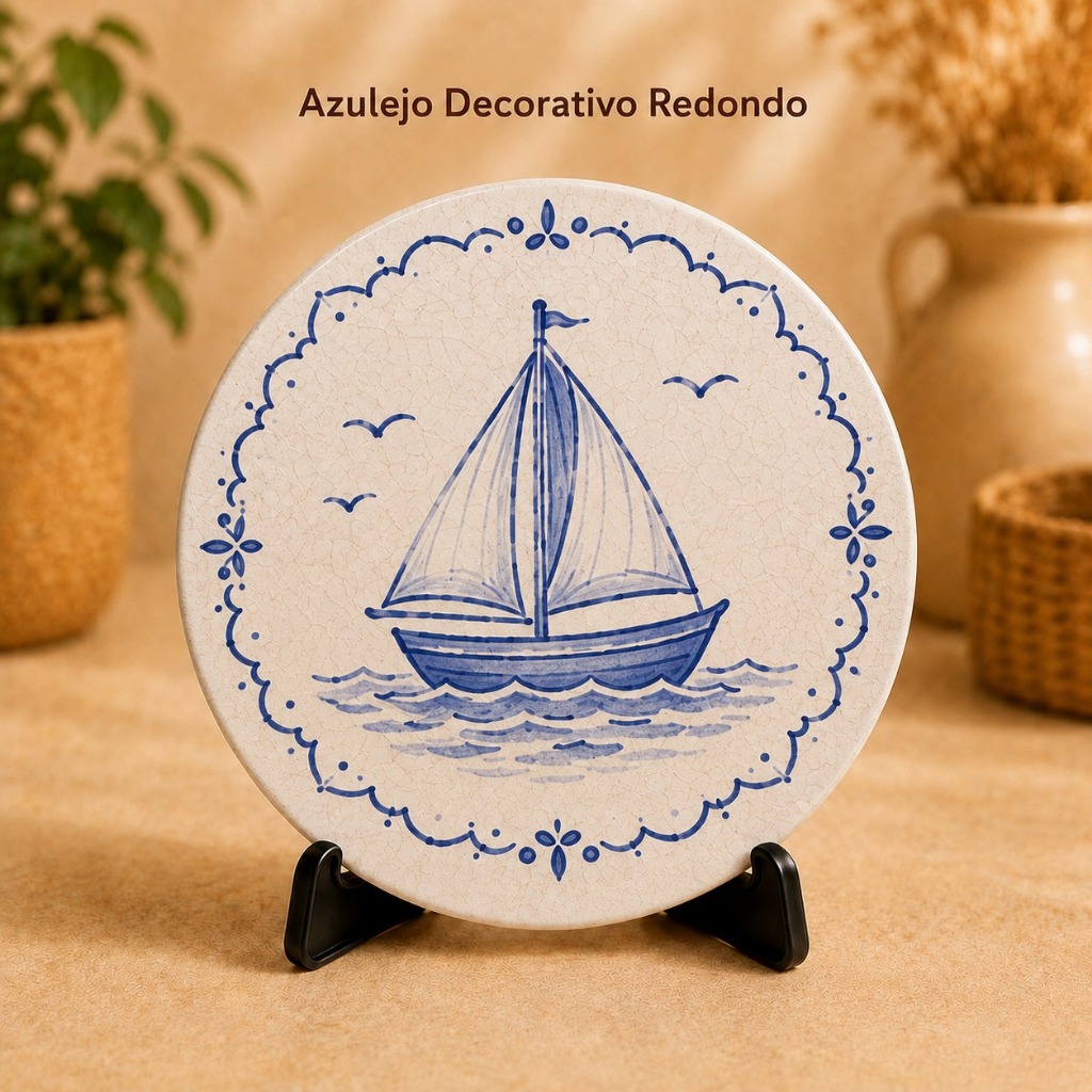 Azulejo Decorativo Redondo Barco à Vela Azul Estilo Português com Suporte para Mesa