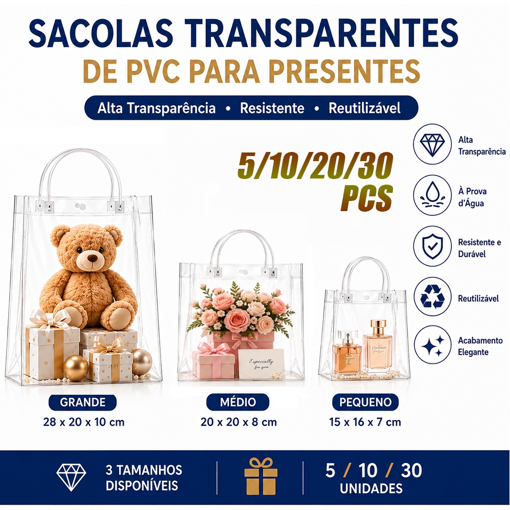 Sacolas de presente em PVC Conjuntos Com 5/10/20/30 Unidades Reutilizáveis