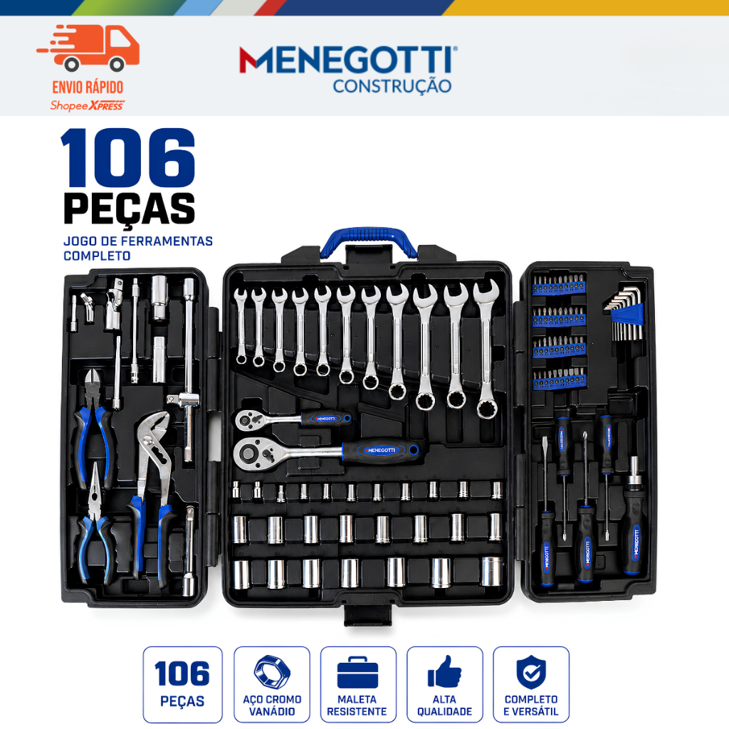 Caixa de Ferramentas Max 106 Peças Menegotti Com Maleta Profissional Resistente
