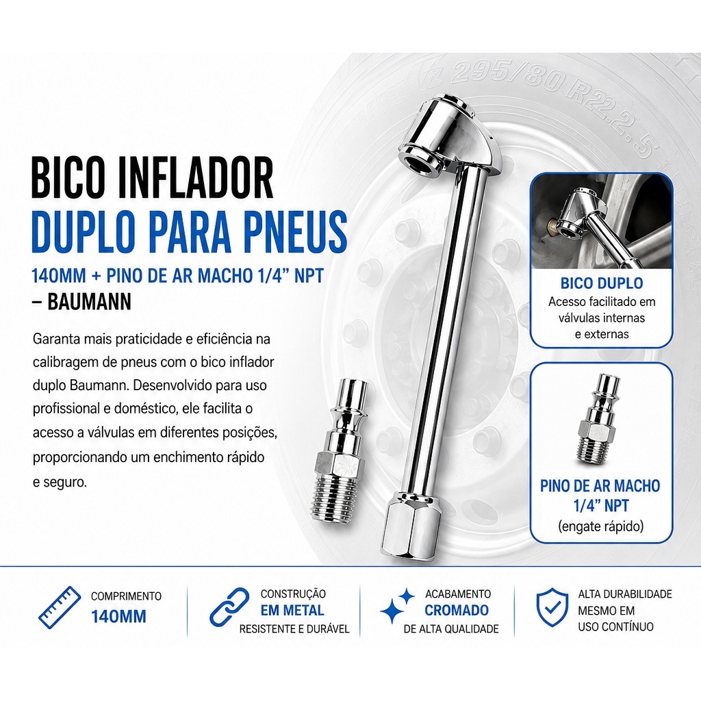 Bico de Ar Inflador Duplo Para Pneus 140mm + Pino De Ar Macho 1/4 Profissional