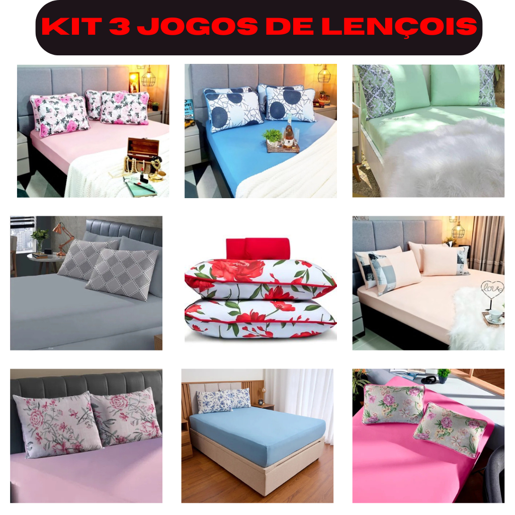 Kit 3 Jogos de Lençol Malha 100% algodão - Solteiro Casal Queen King