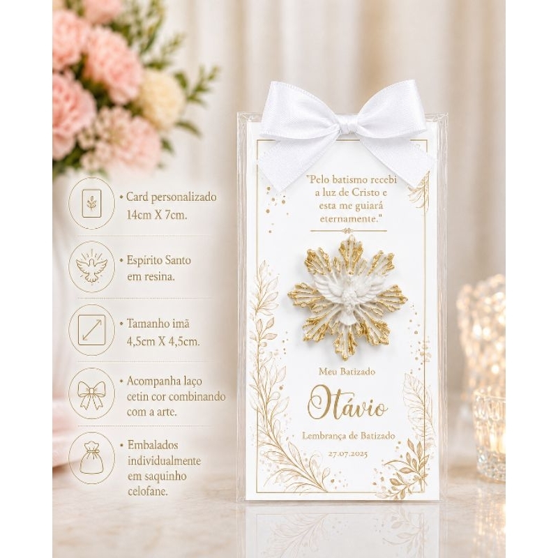 Lembrancinha de Batizado Personalizada com Imã Espírito Santo em Resina | Card 14x7 cm | Nome e Data