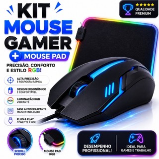 Kit Mouse Gamer + Mouse Pad Led Kit Gamer LED Iluminado RGB Para Jogos 1200DPI