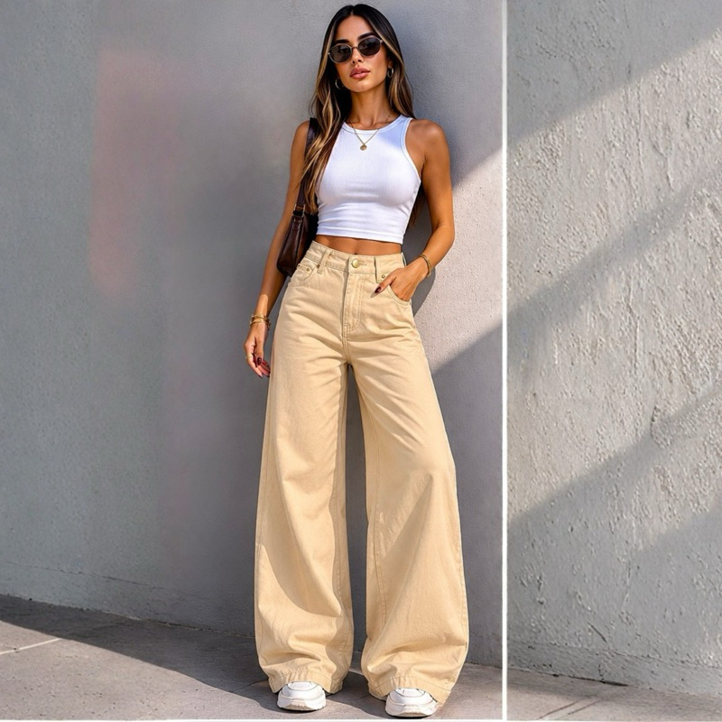 Calça Wide Leg Feminina Bege Sarja Premium Cintura Alta Pantalona Moda Fashion