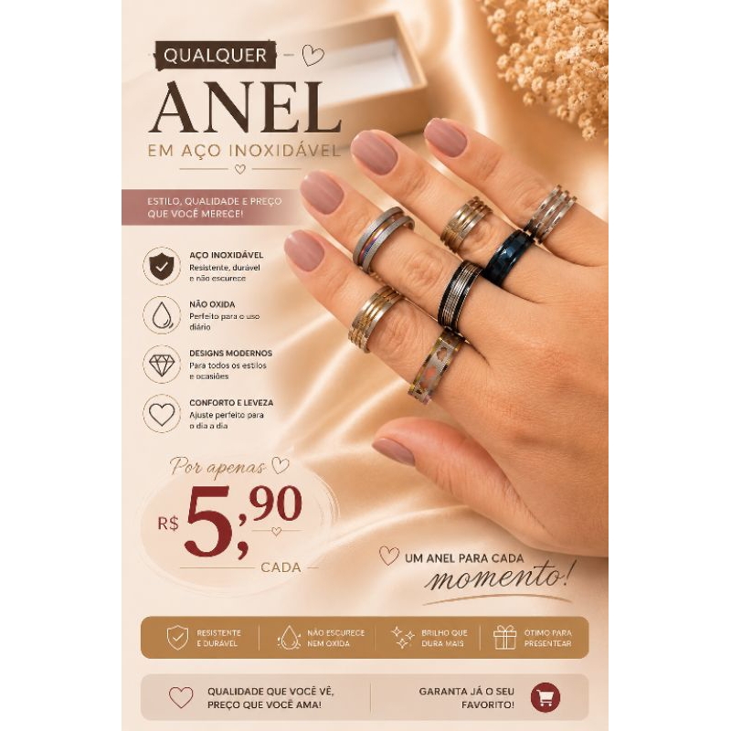 Anel em Aço Inoxidável Feminino Masculino Cores Variadas Antialérgico Resistente