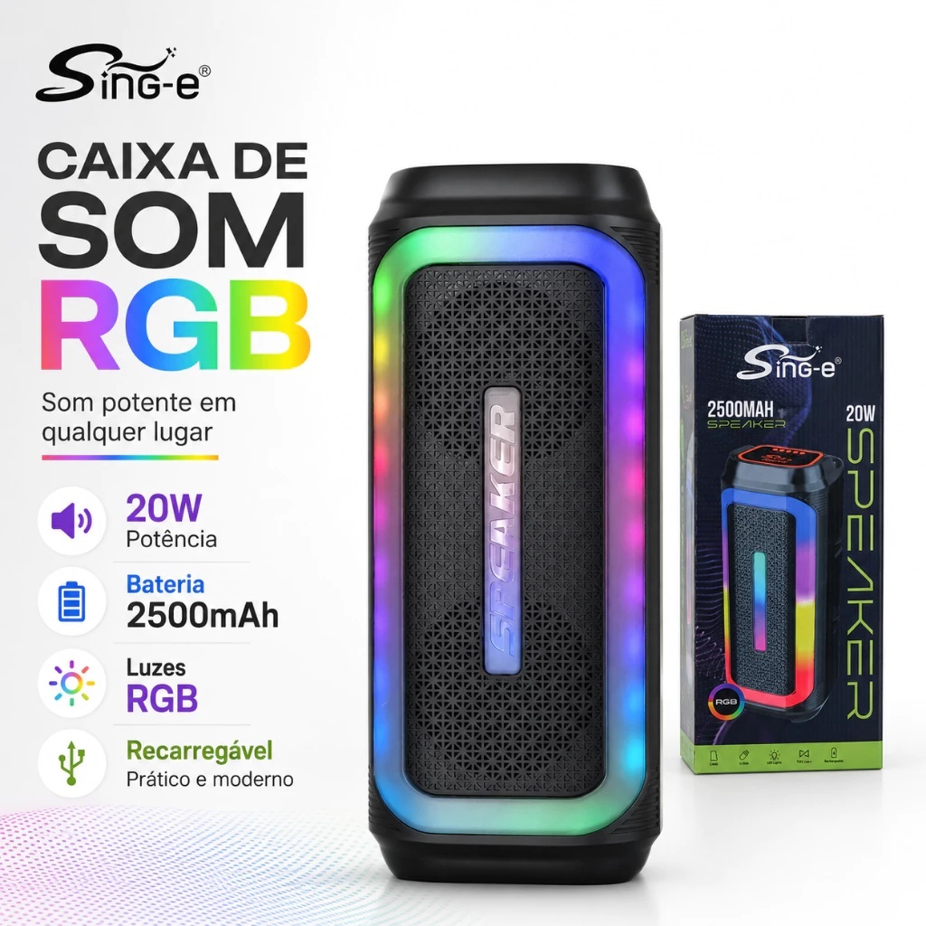Caixa de Som Portátil Sing-E ZQS42102W Alto Potência 20W Bateria 2500mAh