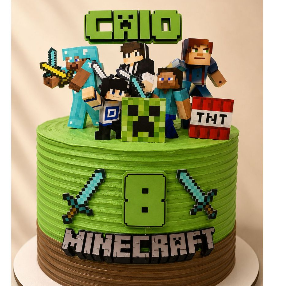 Topo de Bolo Minecraft | Topper Minecraft | Topo de Bolo Personalizado com Nome e Idade com Tema do Minecraft