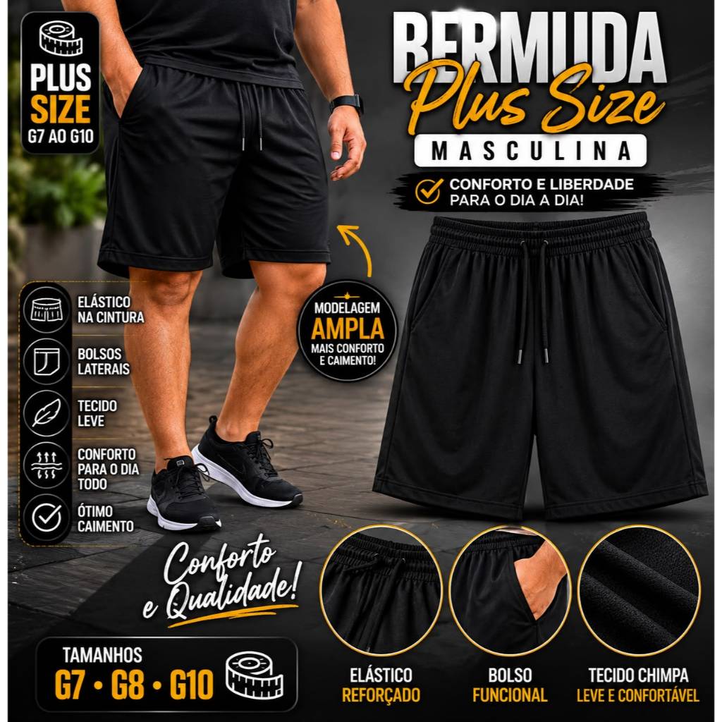 Bermuda Plus Size Masculina Preta G7 ao G10 Com Bolso Elástico