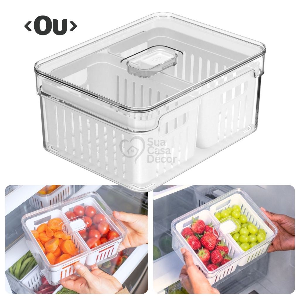 Organizador de Geladeira Cesto Com Divisorias 2,2L Tampa Escorredor Multiuso Clear Fresh Ou