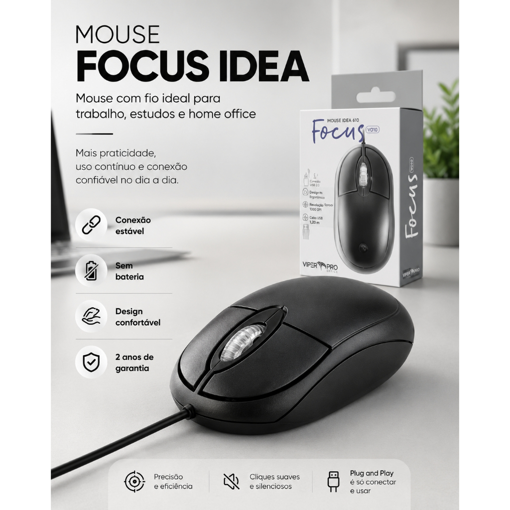 Mouse Vivensis Focus Idea Para PC Notebook Home Office Escritório USB