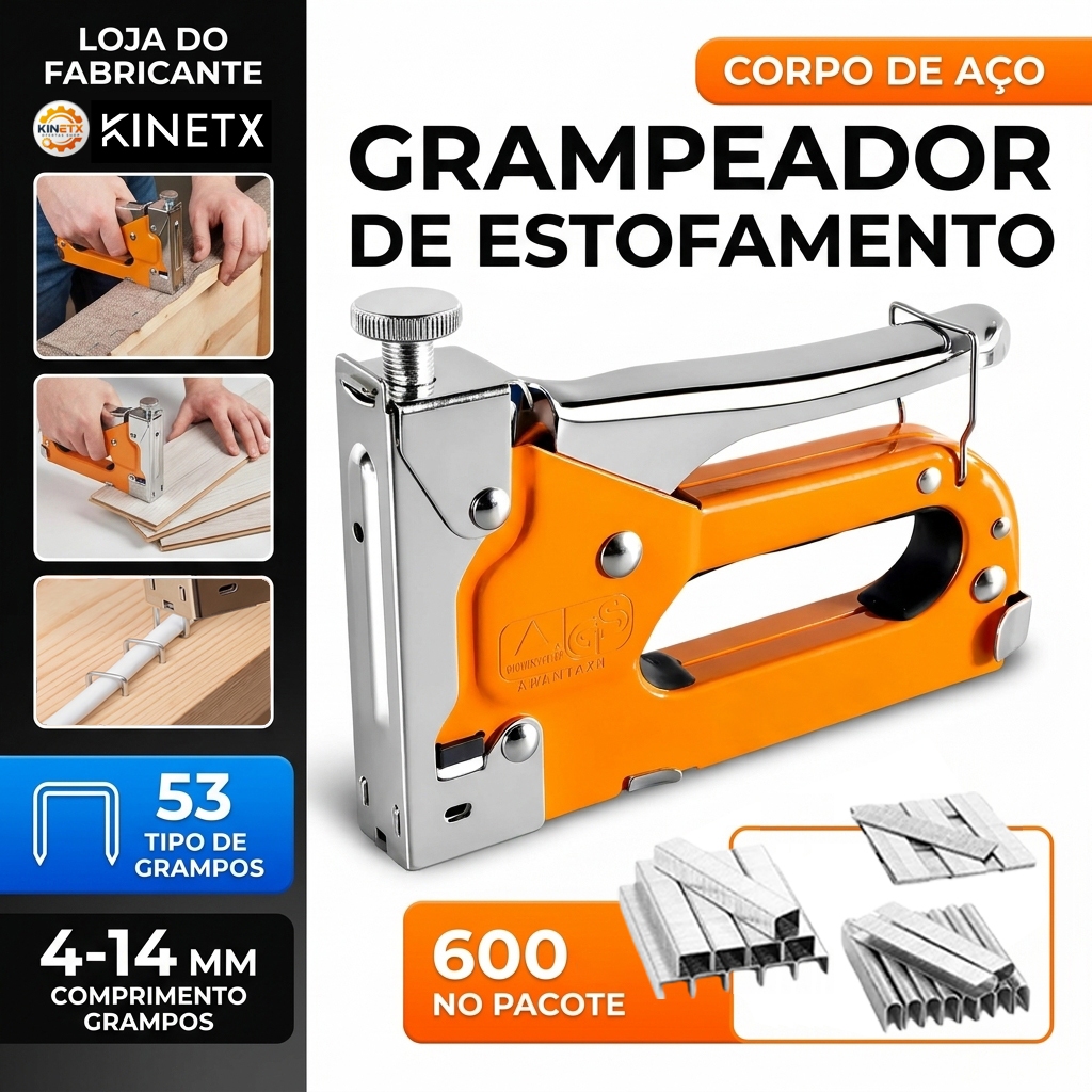 Grampeador Tapeceiro +600 Grampos Alta Resistência Ferramentas Profissional Kit 3 em 1 Aço inoxidável DIY