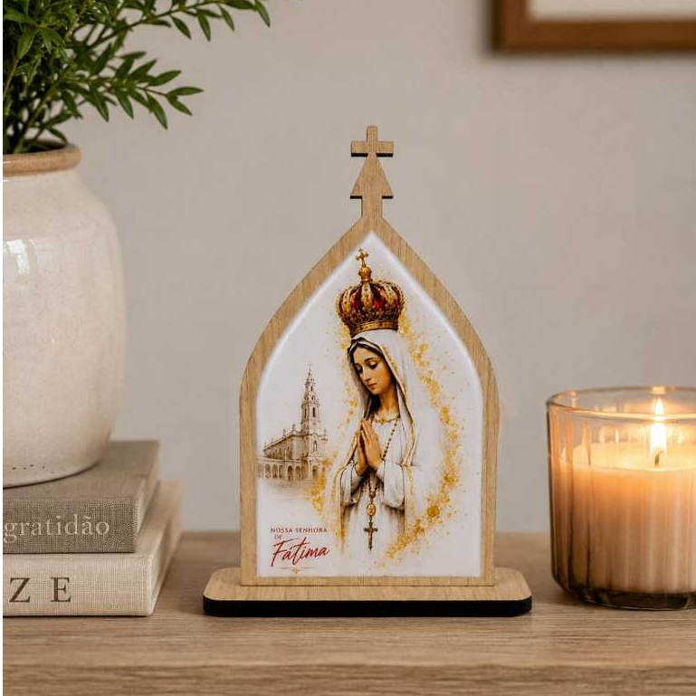 Oratório Capela Nsa Fátima 20cm MDF e Imagem Resinada | Decoração Casa Presente Católico Religioso Fé Proteção