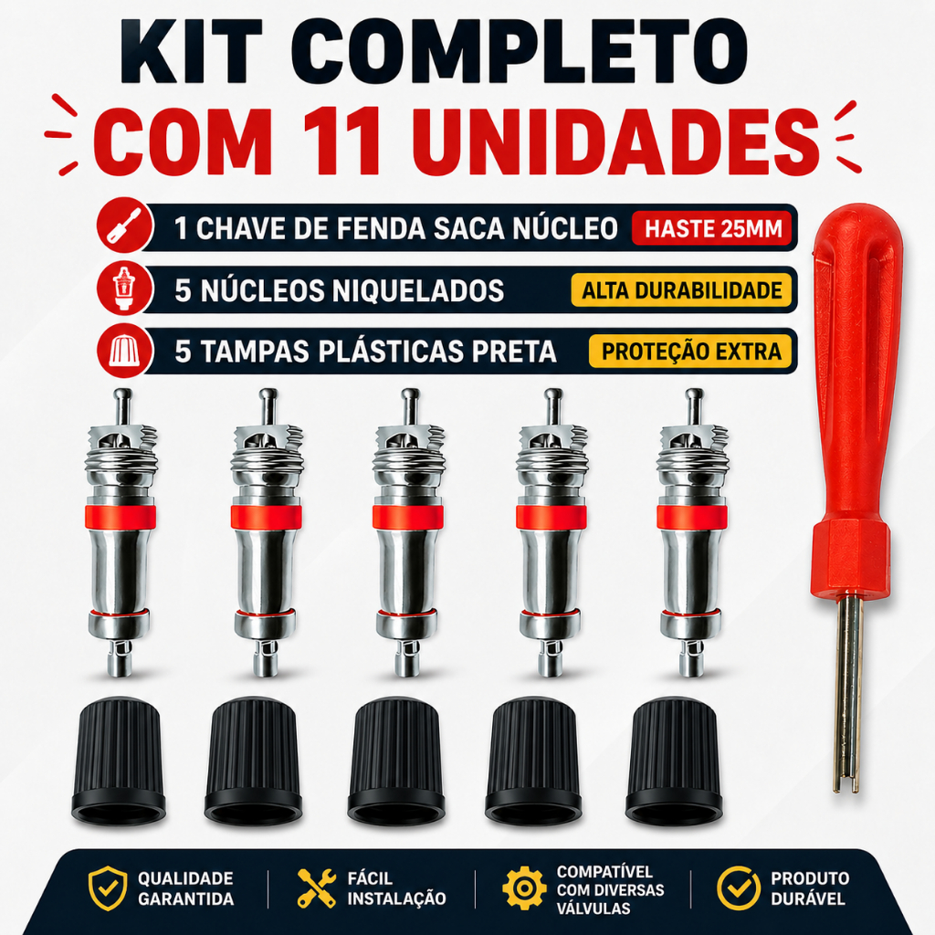 Kit Reparo Válvula Pneu 11 Peças Núcleos Tampas e Chave Saca Núcleo Universal Carro Moto Bike Bicicleta Caminhonete