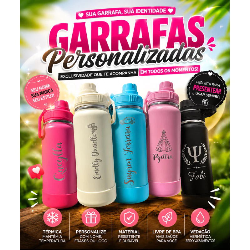 Garrafa Inox 350ml, 600ml, 750ml, 800ml - Leve E Prática Personalizada - Logo e Nome — imagem 1