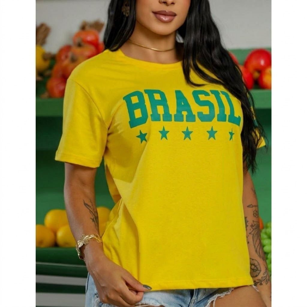 Blusa T-Shirt Camiseta Brasil Feminina Manga Curta Copa Do Mundo Moda Verão
