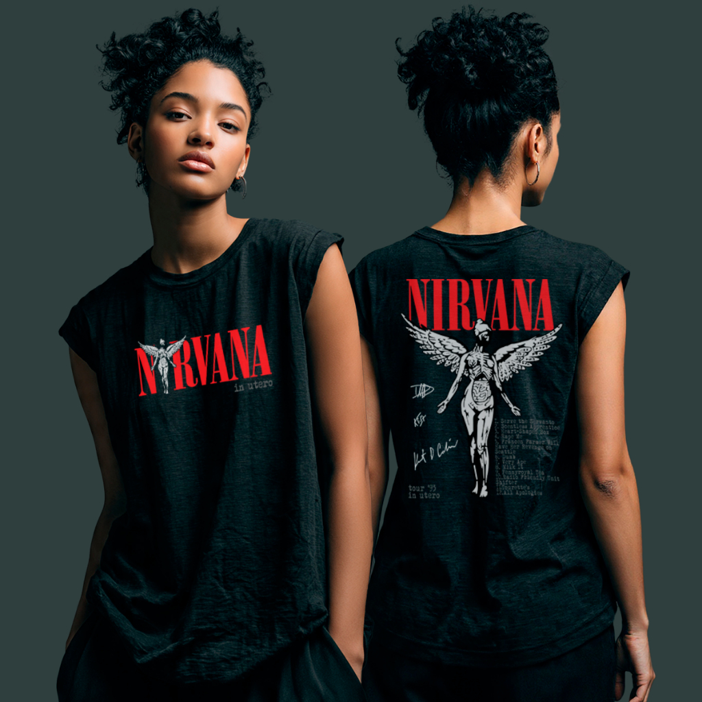 Camiseta Regata Feminina Oversized Muscle Álbum Banda Nostalgia Nirvana Rock In Roll World Tour Metal Grunge Street