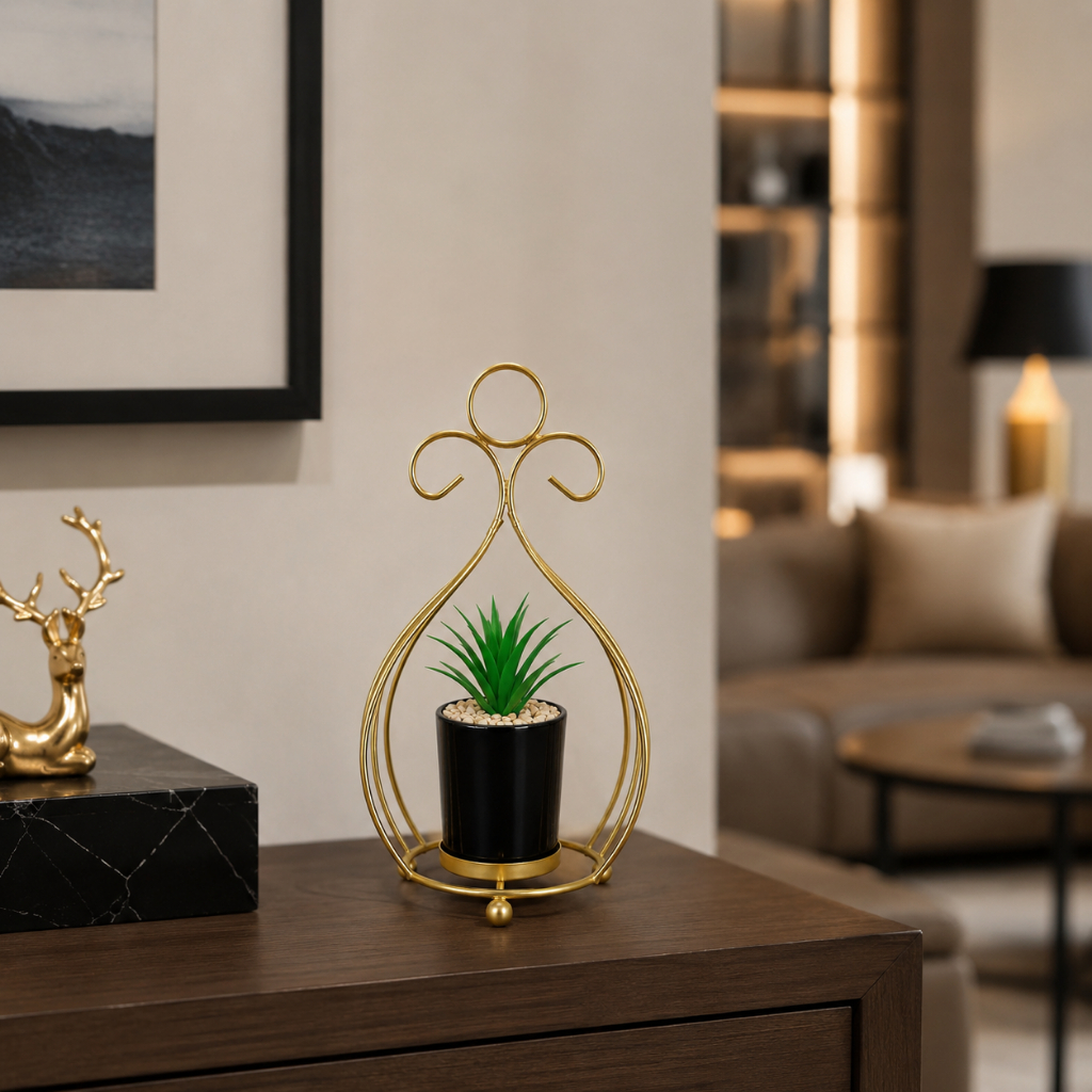 Estatueta Vaso Decorativo Dourado Com Planta Artificial Com Alça Para Pendurar
