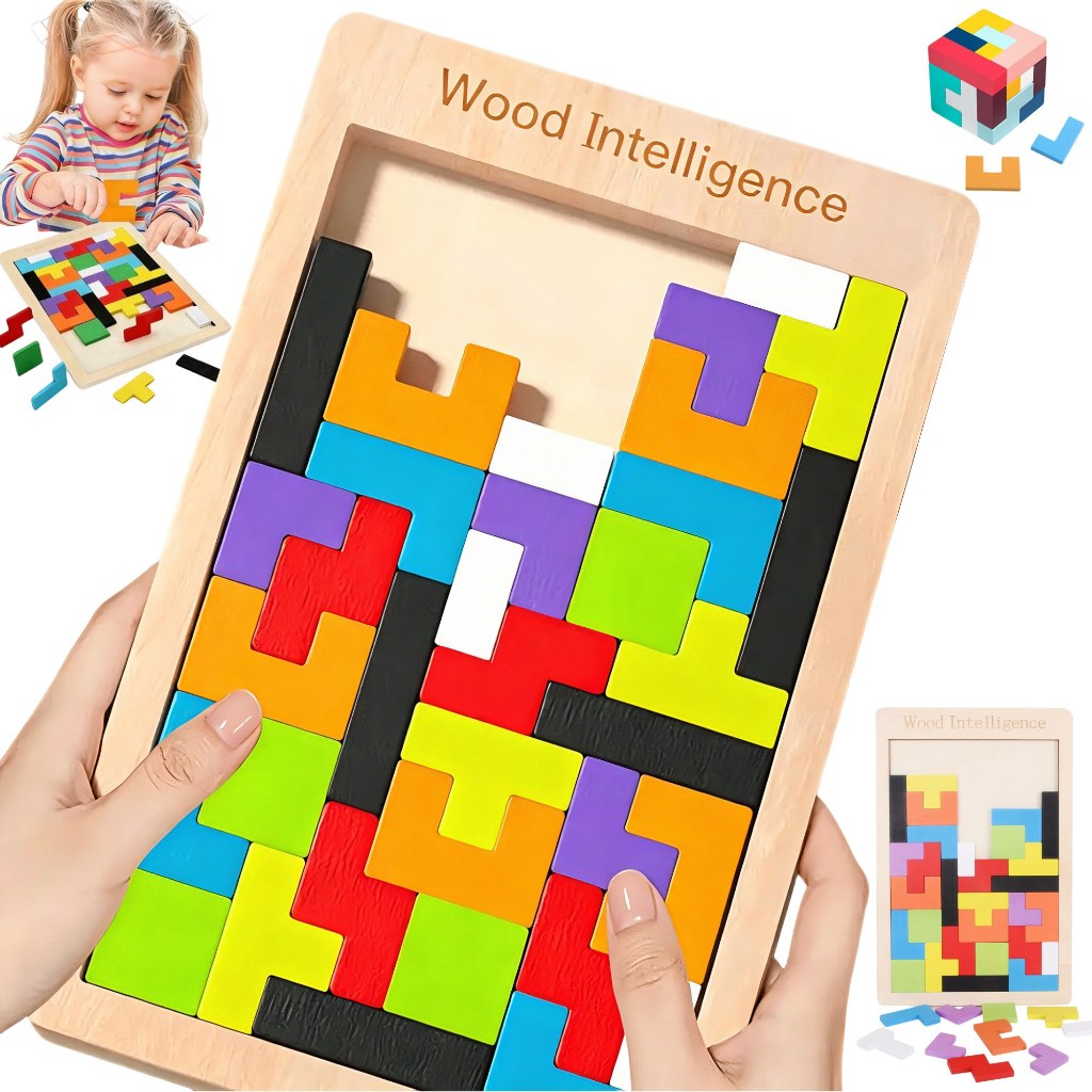 3D Tetris Quebra-Cabeças De Madeira Montessori Brinquedos  De BlocosColoridos Arco-Íris Educativo para Crianças