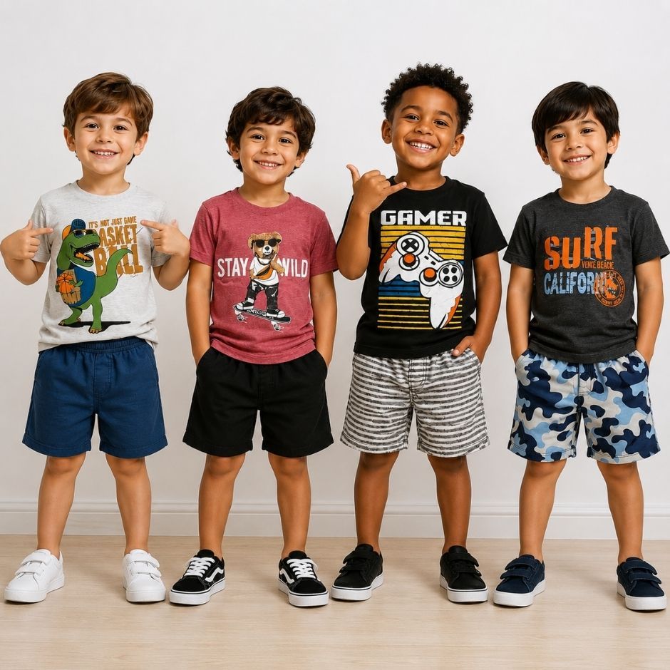 Kit 4 Peças Conjunto Infantil Menino 2 Camisetas e 2 Bermuda 100%Algodão Verão Criança