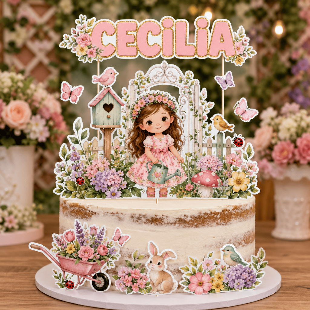 Topo de Bolo Jardim Encantado Personalizado | Menina | Flores | Topper Aniversário | Envio Rápido 🚀
