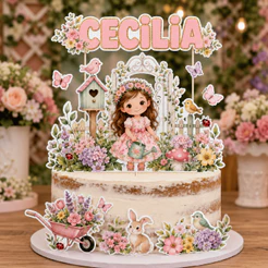 Topo de Bolo Jardim Encantado Personalizado | Menina | Flores | Topper Aniversário | Envio Rápido 🚀