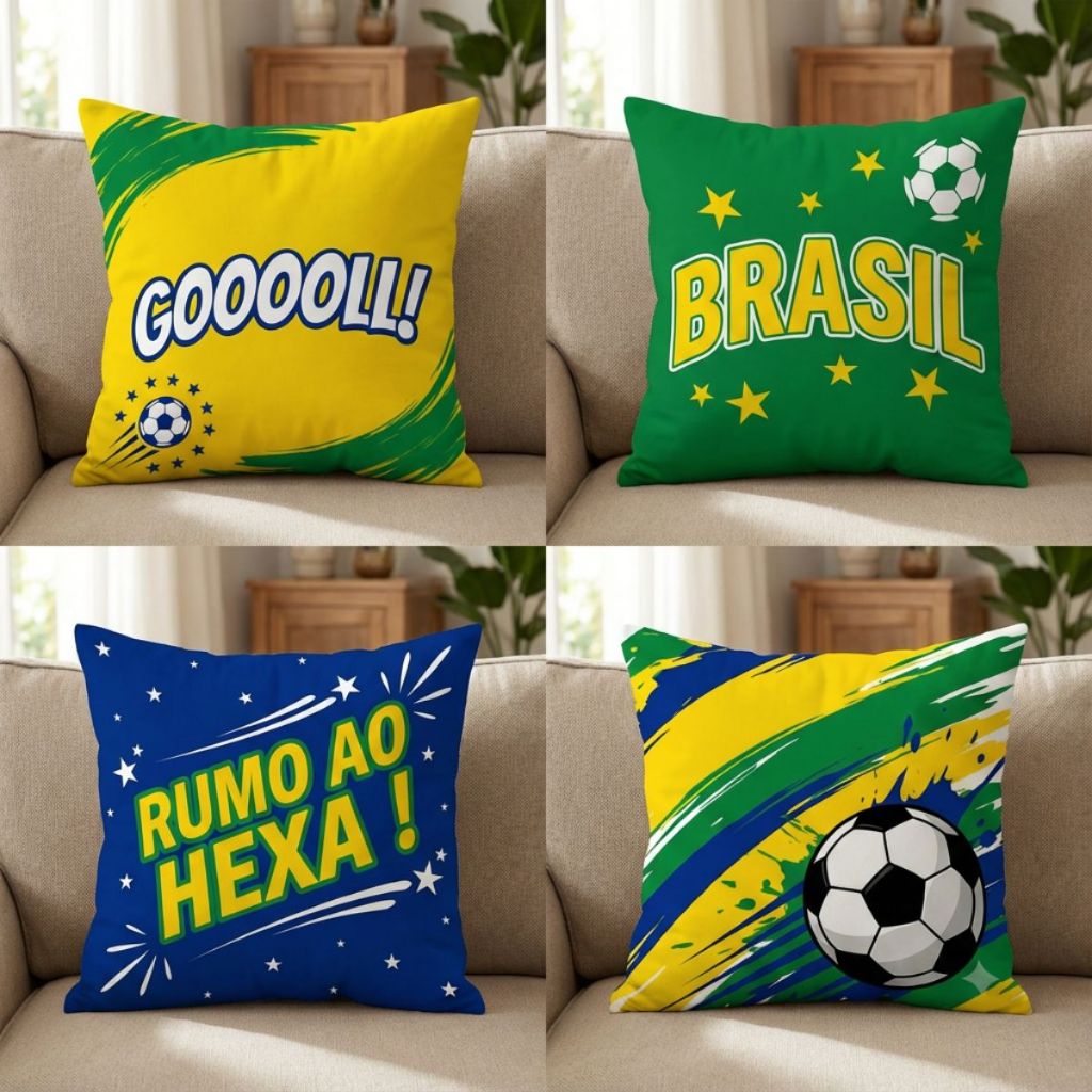Kit Capas Almofada Copa do Mundo 2026 Brasil Futebol Torcida Brasileira Decoração Premium 45x45