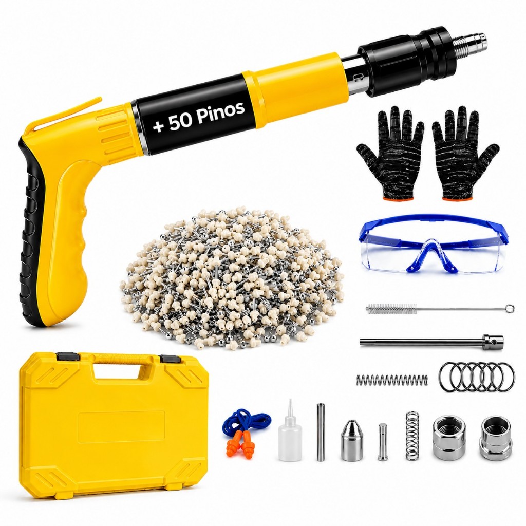 Pistola Finca Pino Profissional Ação Direta Com 50 Pinos Maleta EPI Para Concreto Drywall Aço Alvenaria