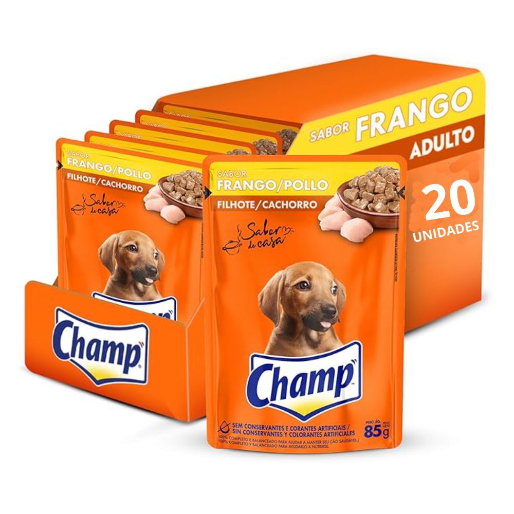RAÇÃO UMIDA SACHÊ CHAMP FRANGO FILHOTE PARA CÃES 85G - CAIXA COM 20 UNIDADES