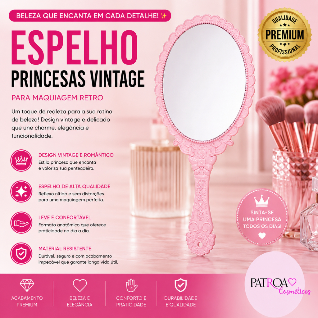 Espelho De Mão Princesas Vintage Para Maquiagem Retro