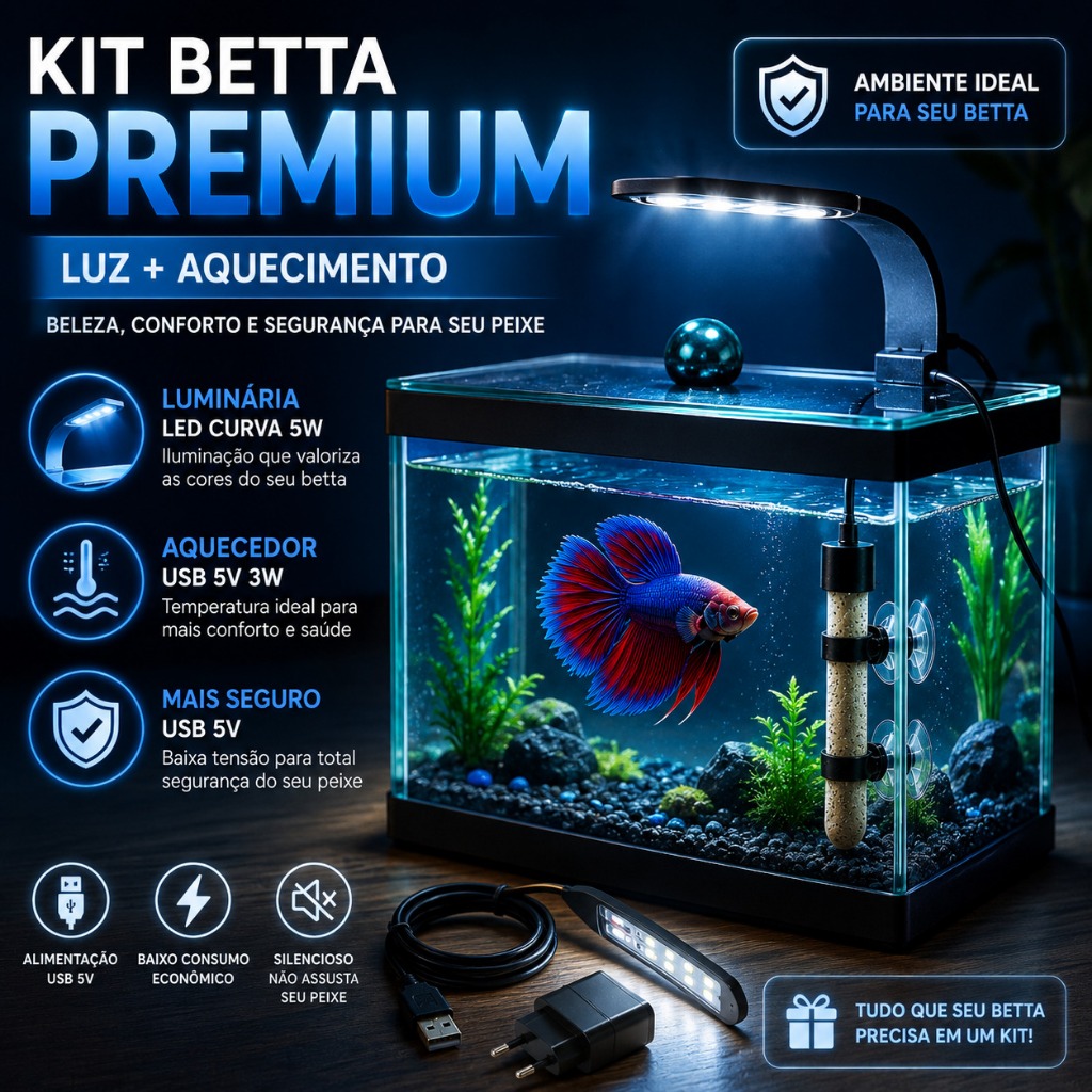 Kit Luminária Led + Aquecedor Para Aquários de Até 3L USB -Peixe Betta -Bivolt - 110/220