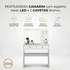 Penteadeira Camarim com espelho Ideal, Led e 2 Gavetas Branco - Maquiagem Quarto