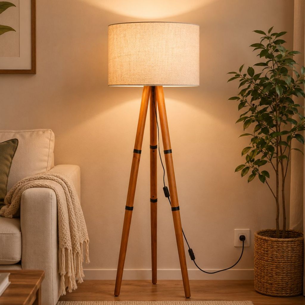 Luminária Tripé Zarah Palha Decorativa Madeira Abajour De Chão Sala Quarto Linho Natural E27