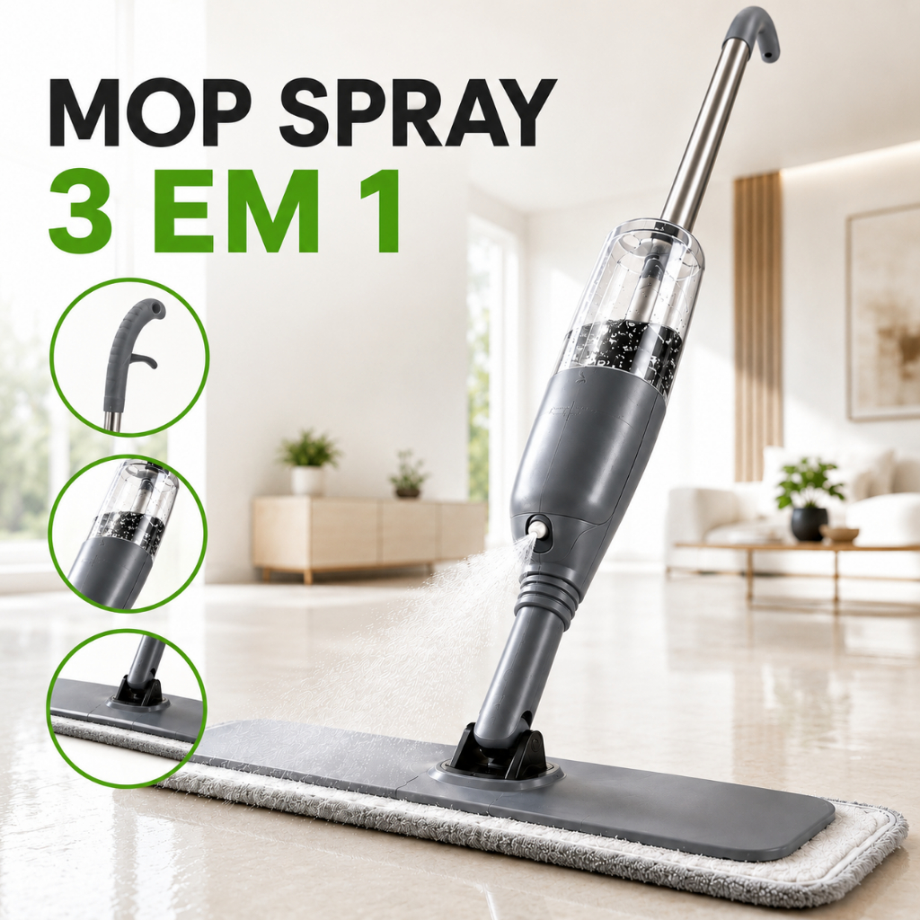 Mop Spray 3 em 1 Rodo Cabo Inox Com Dispenser Reservatorio Vassoura Magica Limpeza Esfregao Resistente