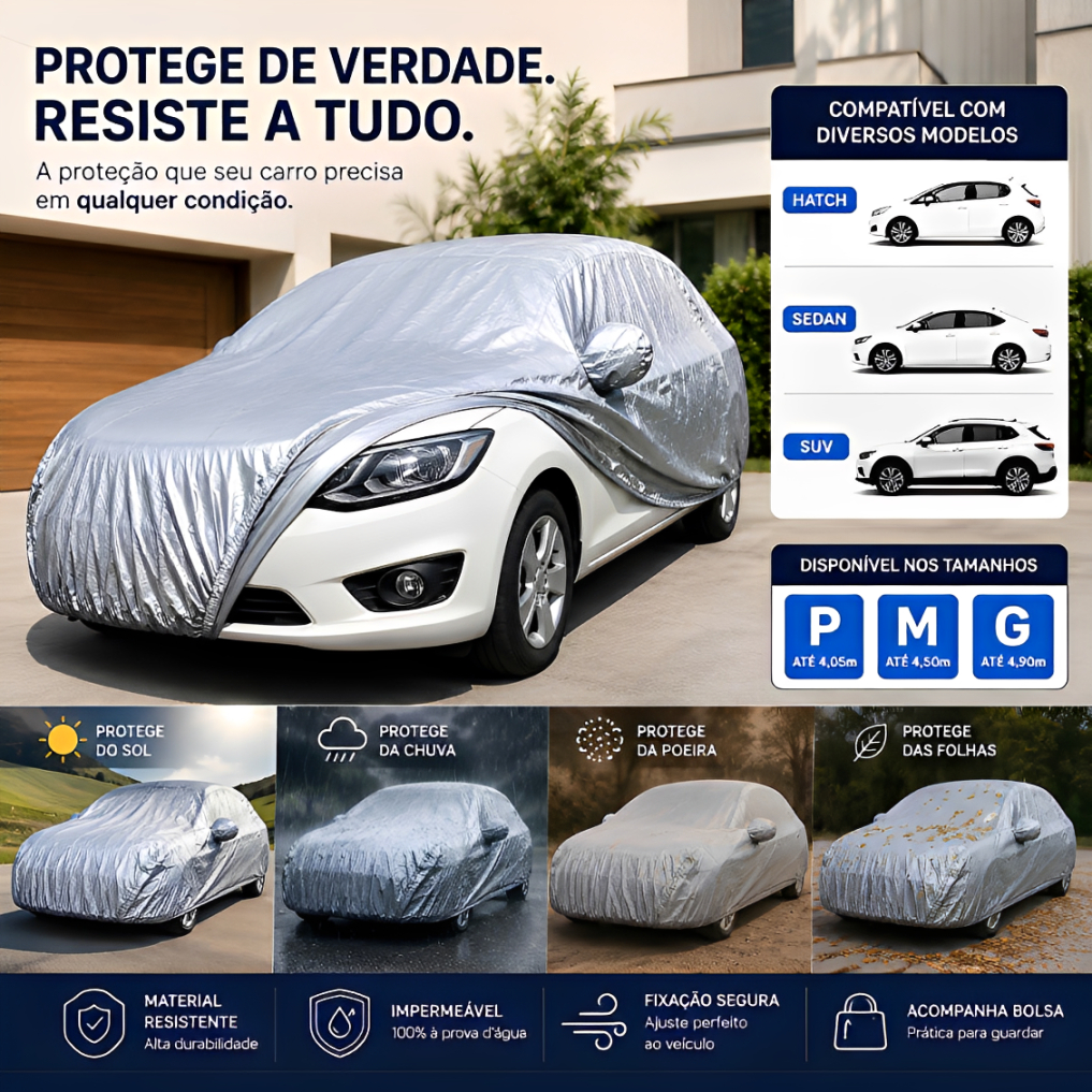 Capa Cobrir Carro Forrada e Grossa Impermeável Proteção Sol e Chuva Todos os Tamanhos