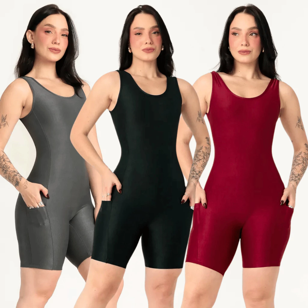 Macaquinho Fitness Feminino Poliamida Canelado Com Bolso Zero Transparência Academia Corrida — imagem 1