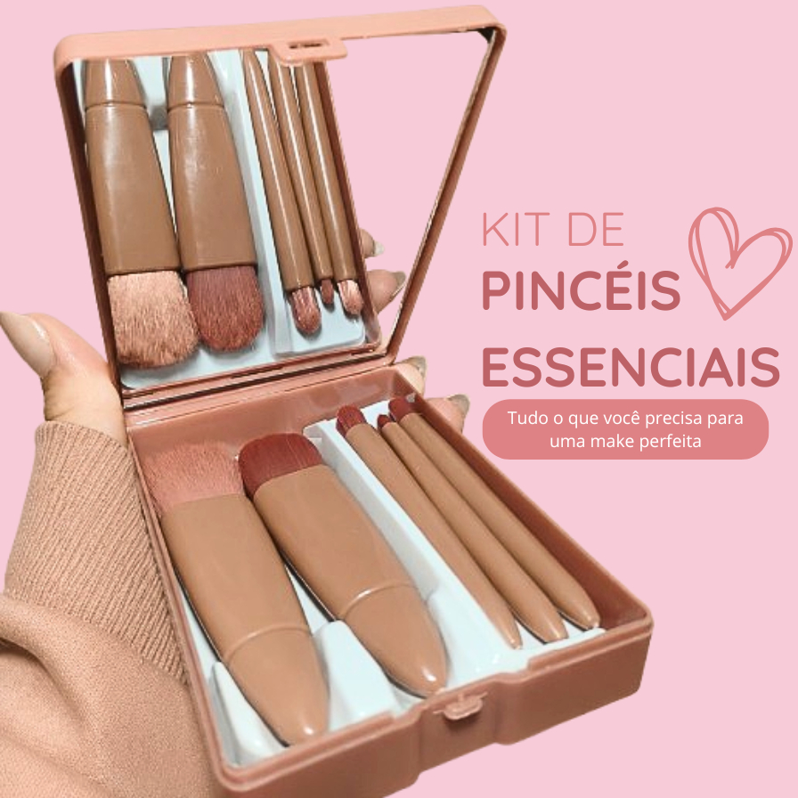 Kit De Pincéis De Maquiagem Portátil Com Espelho Estojo Mini Pincel Para Mala Rose 5 em 1 Kit Make Viagem