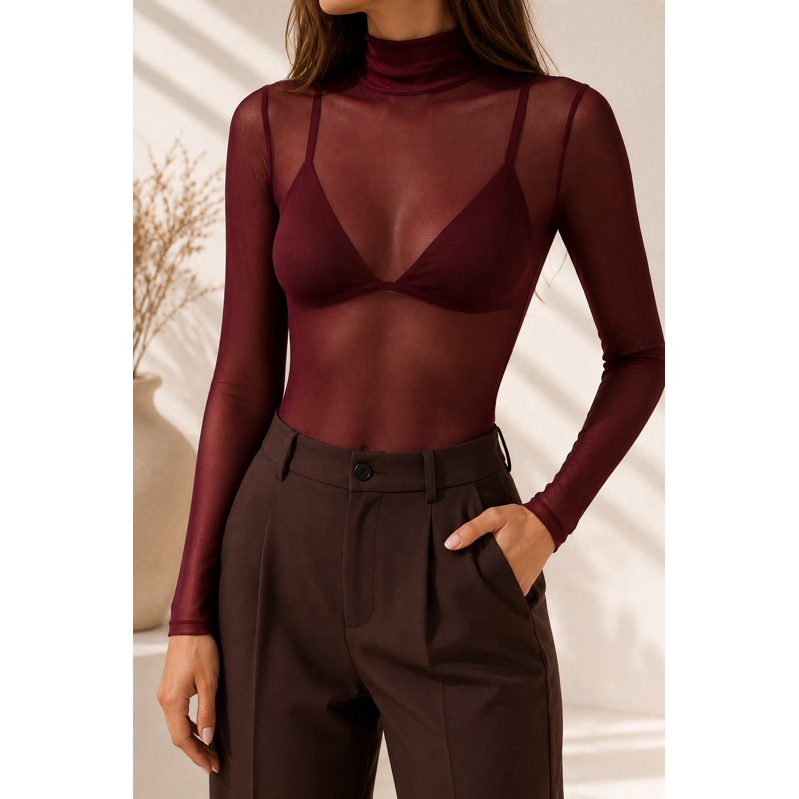 BODY DE TULE GOLA ALTA SEGUNDA PELE PREMIUM ELEGANTE VINHO VERMELHO MARSALA