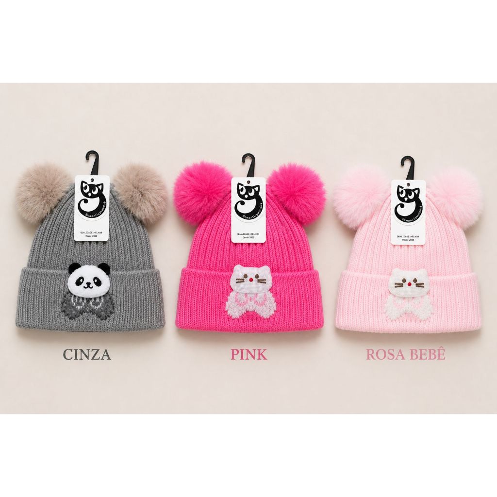 Touca Gorro Infantil PomPom Forrada Estampa de Bichinhos Quentinha Inverno