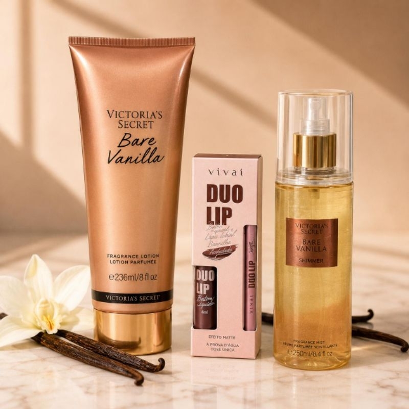 Kit Bare Vanilla Victoria’s Secret Hidratante 236ml + Shimmer 230ml + Duo Lip Vivai Presente Feminino