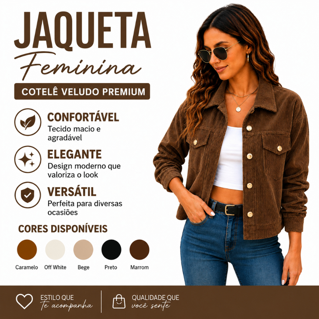Jaqueta Feminina Veludo Cotelê Elegante com Botões Dourados