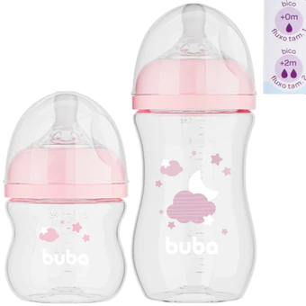 KIT 2 Mamadeiras Anticólica Buba Easy Flow Nuvem 120ml e 270ml Cor Rosa