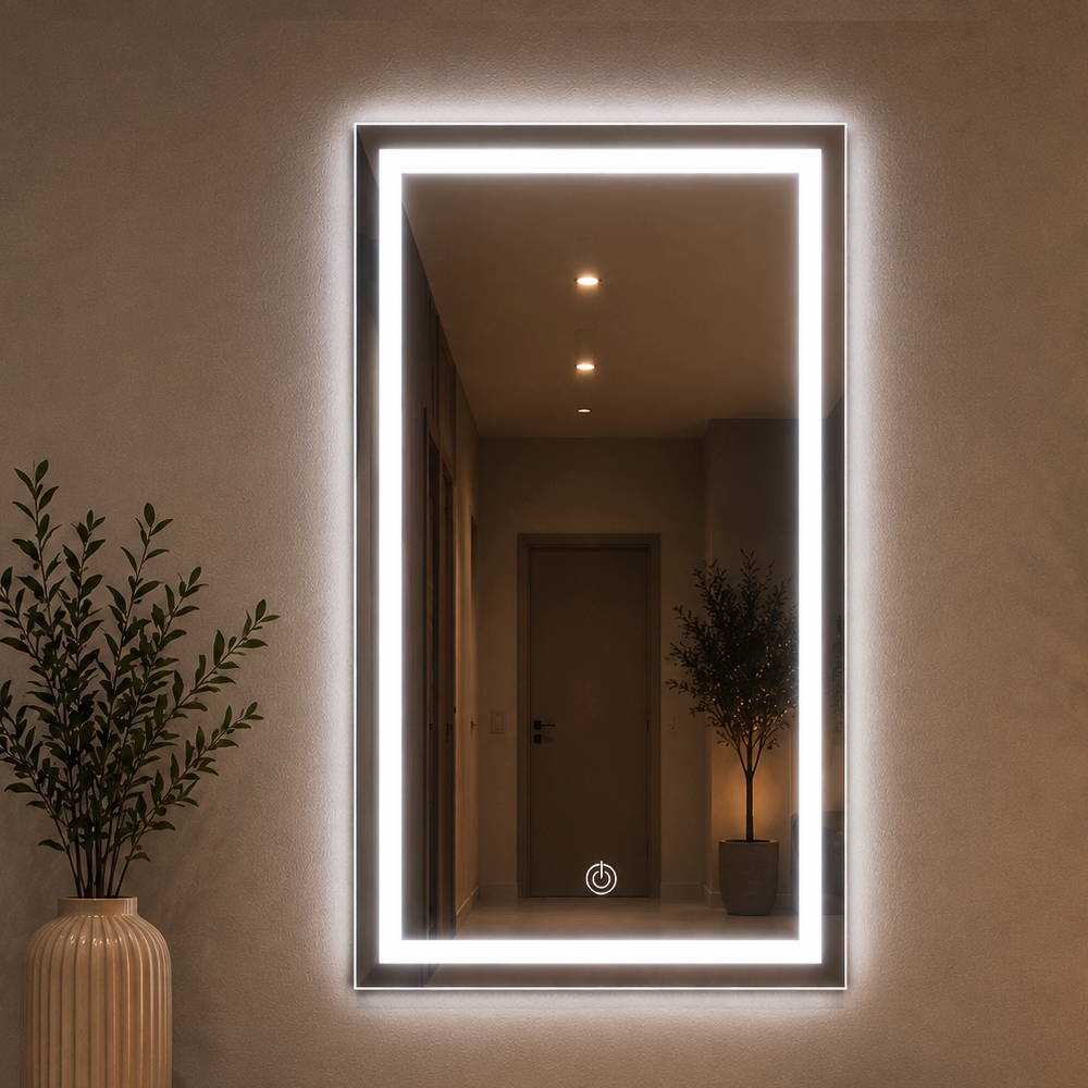 Espelho Jateado Retangular Decoração de Quarto Sala Penteadeira 80x50 ou 80x60 Led Touch Três Tons