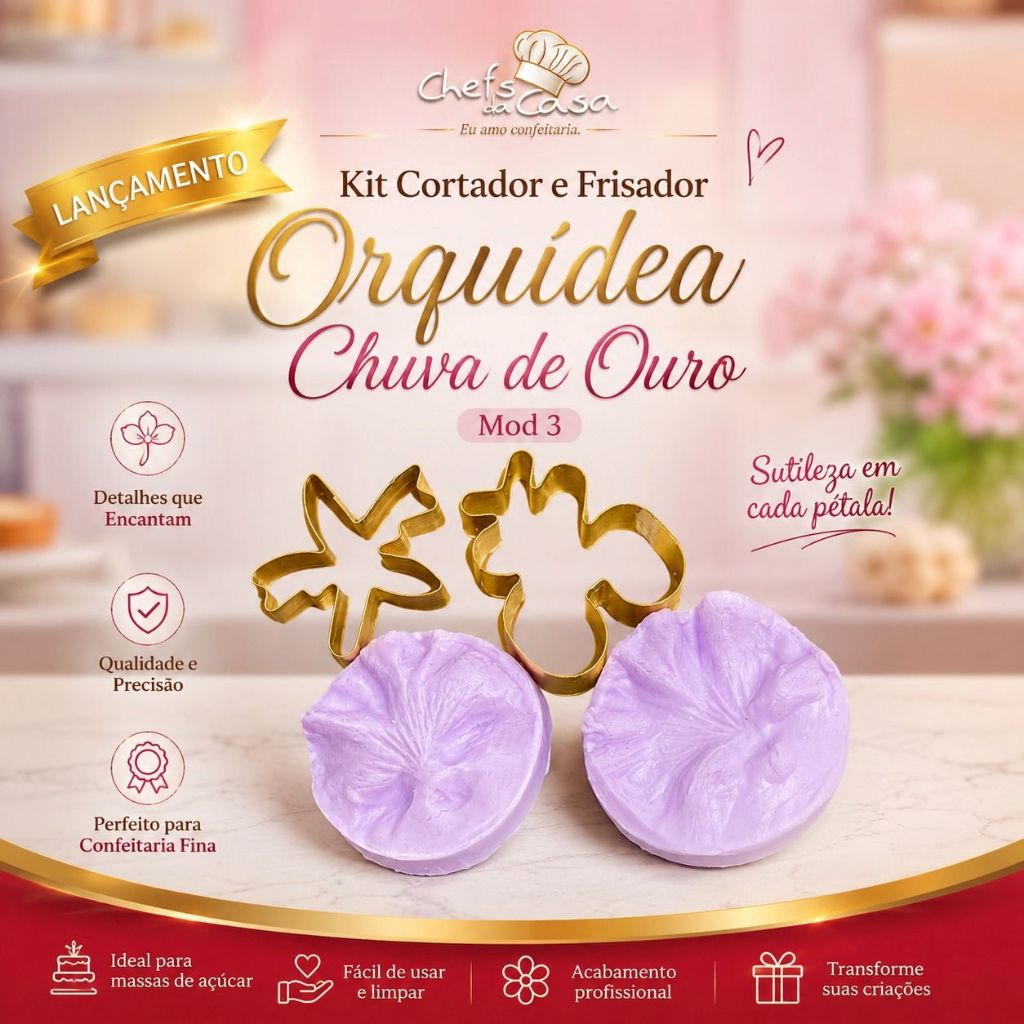 Kit Cortador e Molde Frisador Orquídea Chuva De Ouro