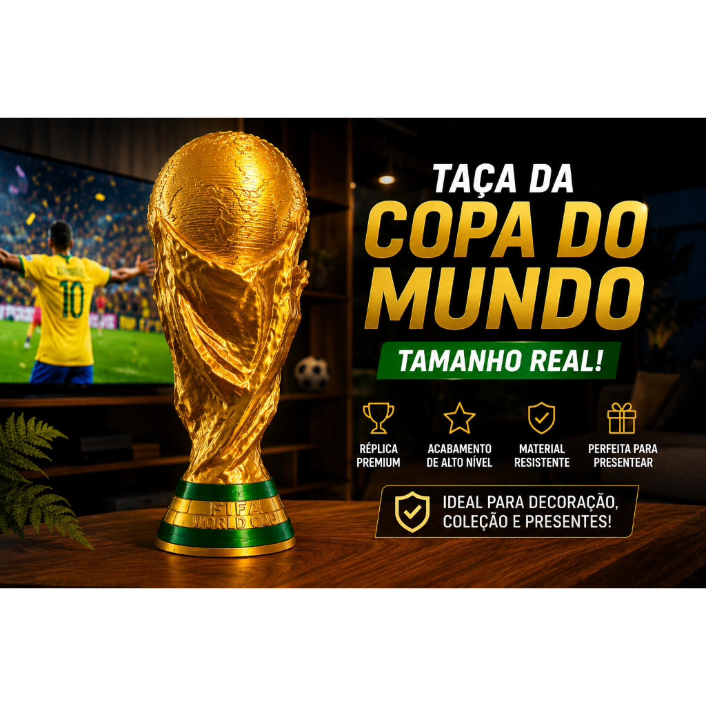 🏆 Taça Copa do Mundo Tamanho Real Réplica Premium Troféu Futebol Decoração Sala Gamer Presente
